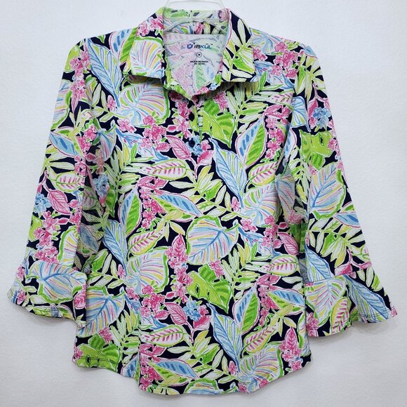 IBKUL 3/4 Bell Sleeve Collared Floral Sporty Athletic Top Size Medium UPF50+ - Picture 1 of 13